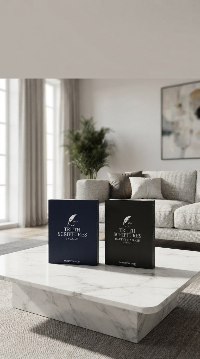 Truth Scriptures Ta'anak and Bariyt Hadash together on a marble coffee table in a bright living room