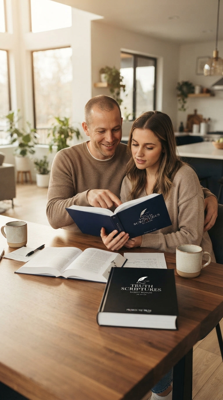 A couple reading the Truth Scriptures together at a wooden table