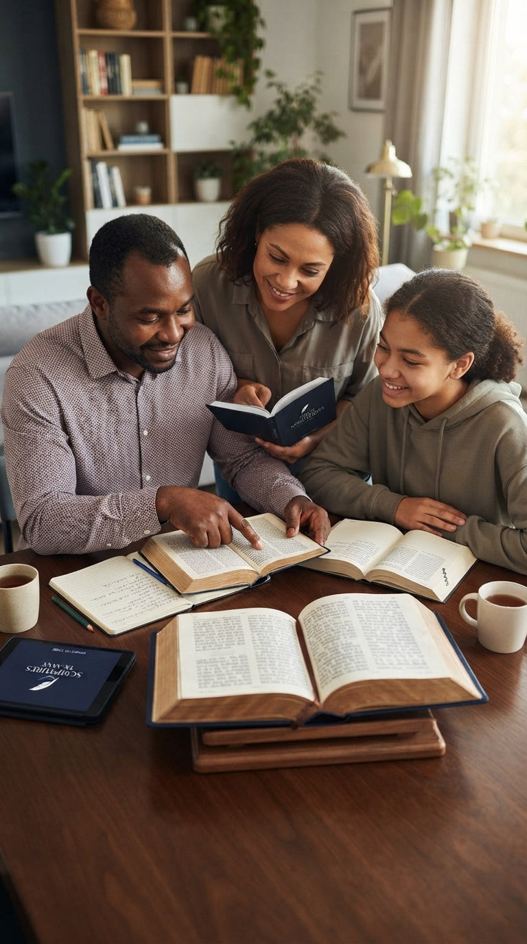 A family reading the Truth Scriptures together at the kitchen table