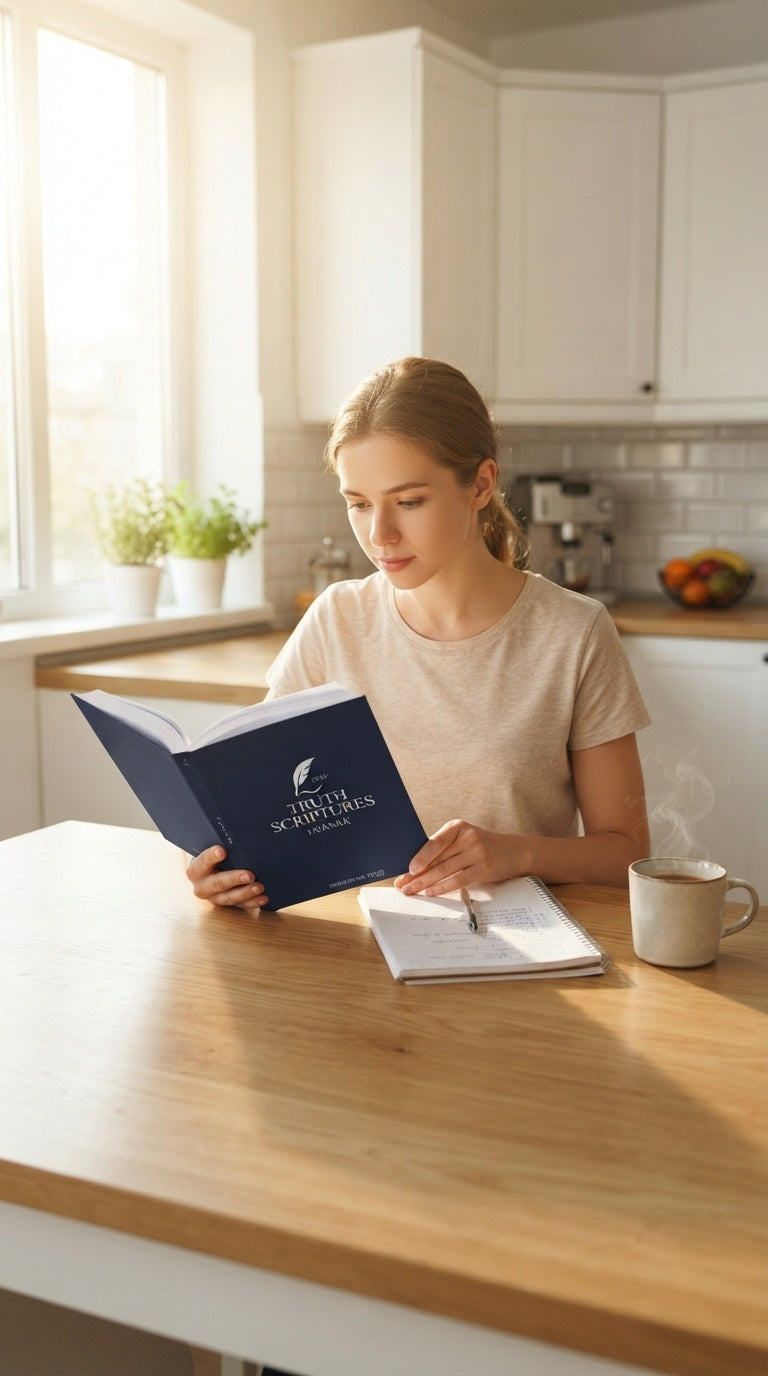 A woman reading the Truth Scriptures Ta'anak at a sunlit kitchen table